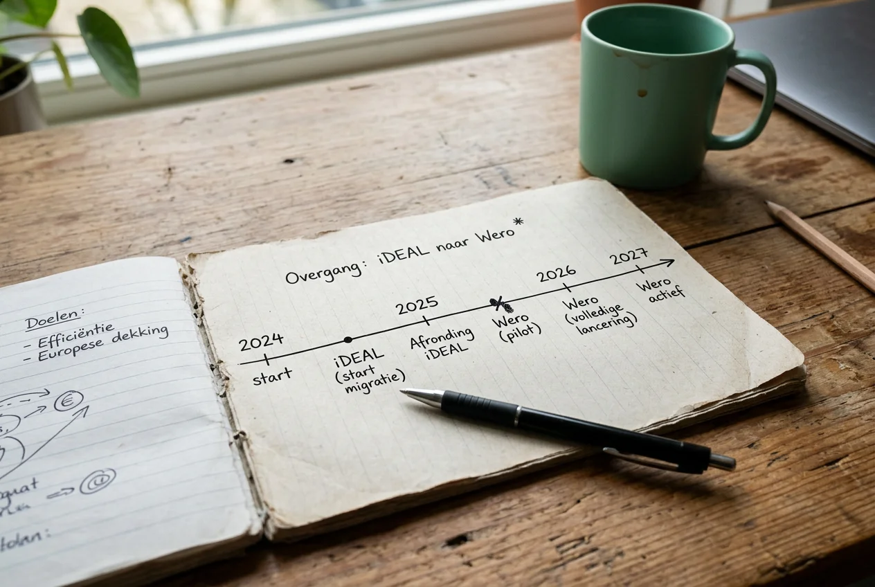 Planning van de geleidelijke overgang van iDEAL naar Wero uitgewerkt in een notitieboek met een tijdlijn